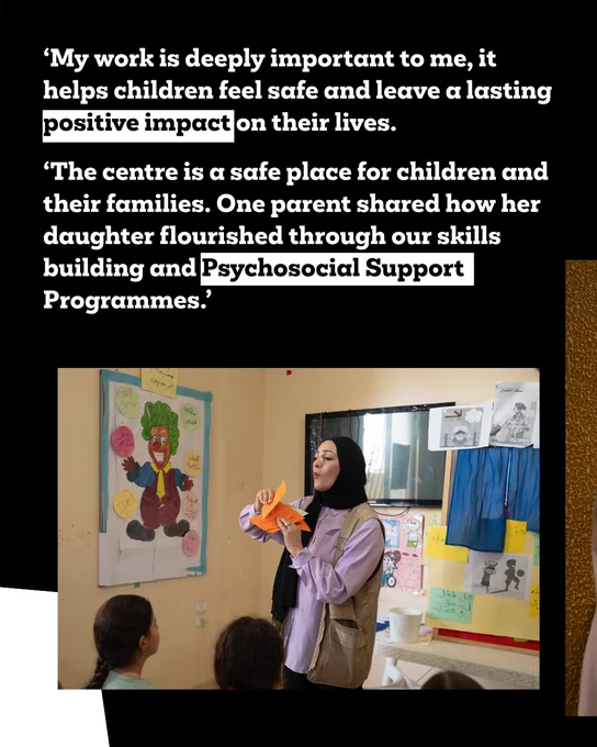 ‘My work is deeply important to me, it helps children feel safe and leave a lasting positive impact on their lives. ‘The centre is a safe place for children and their families. One parent shared how her daughter flourished through our skills building and Psychosocial Support Programmes.’
Fidaa is stood in a classroom, she is stood teaching a class of children.
