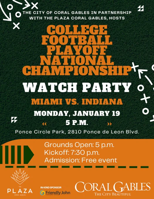 Information graphic for the University of Miami vs. Indiana playoff national championship football game watch party on Monday, Jan. 19. 