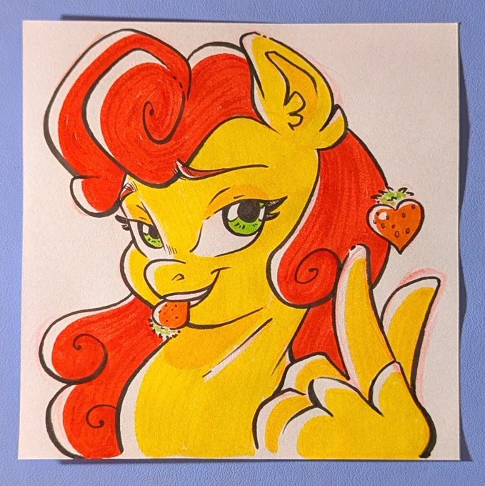 A traditional drawing of the pony Strawberry Sunrise from the series my little pony friendship is magic on a small piece of paper