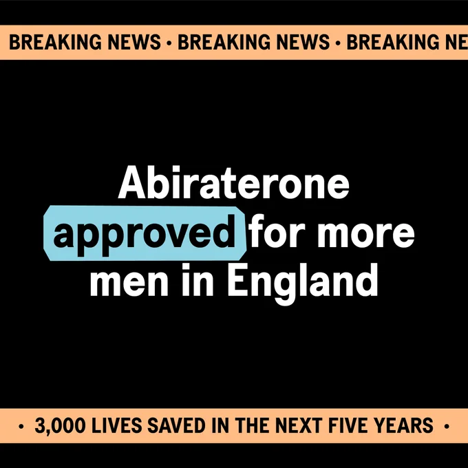 Graphic stating: 'Abiraterone approved for more men in England', with a subtitle '3,000 lives saved in the next five years.'