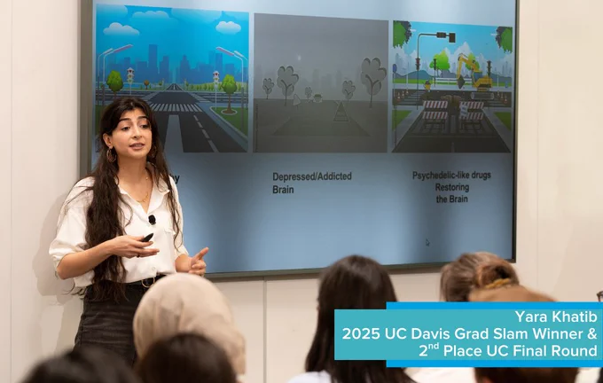 Yara Khatib, 2025 UC Davis Grad Slam Winner and 2nd Place UC Final Round winner, presenting her research.