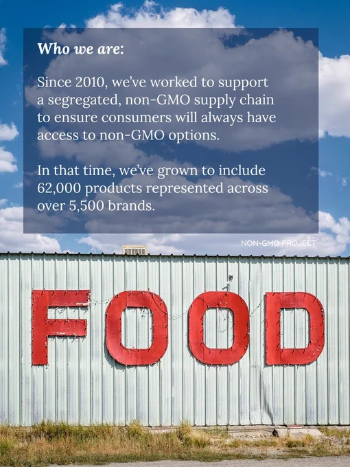 Text over image of the side of a building: Since 2010, we’ve worked to support a segregated, non-GMO supply chain to ensure consumers will always have access to non-GMO options. In that time, we’ve grown to include 62,000 products represented across over 5,500 brands.