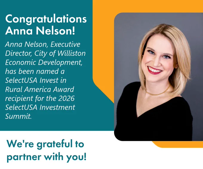 A headshot of Anna Nelson, Executive Director of City of Williston Economic Development, celebrating her selection as a SelectUSA Invest in Rural America Award recipient for the 2026 SelectUSA Investment Summit.
