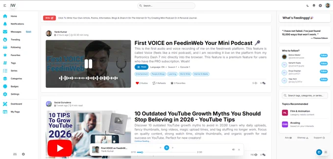 Feedinweb Voice—your mini podcast—is live on the platform now for premium users only. More features coming soon and this is how it looks in the light mode of feedinweb.com