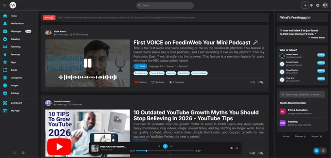 Feedinweb Voice—your mini podcast—is live on the platform now for premium users only. More features coming soon and this is how it looks in the dark mode of feedinweb.com