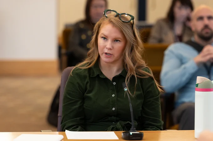 Image of one person presenting at a board meeting.