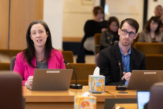 Image of two people presenting at a board meeting.