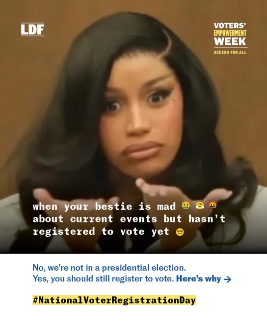 Cardi B appears puzzled in a screenshot from a video, with overlaid text discussing the importance of voting and a prompt to register to vote. The image includes logos for the Legal Defense Fund and National Voters' Week, promoting access for all.