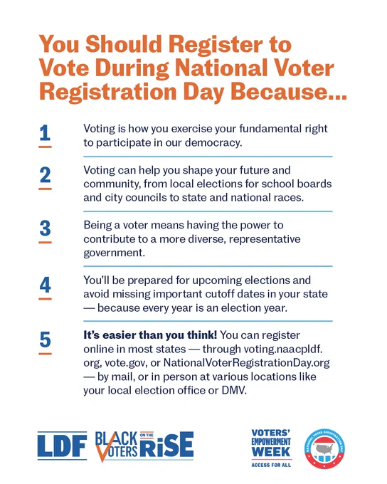 Poster encouraging voter registration with reasons why it's important, featuring logos of NAACP, Black Voters Matter, and Vote.org.