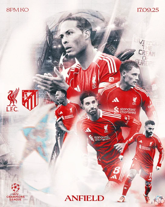 Matchday graphic for Liverpool v Atlético Madrid at Anfield in the Champions League. 8pm KO.