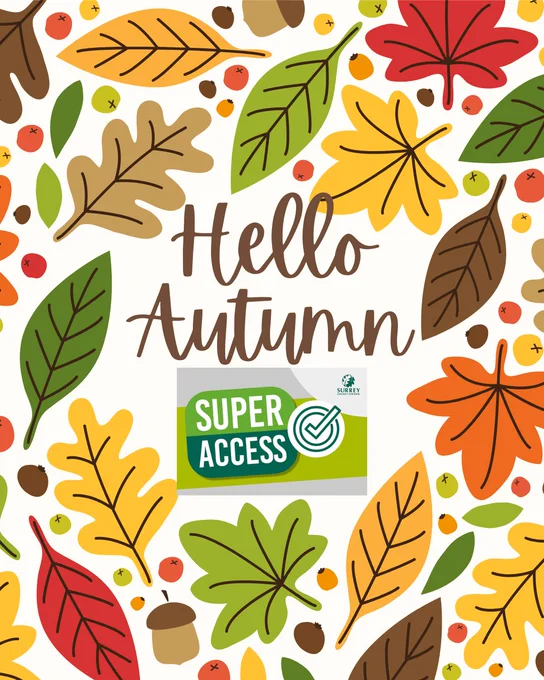 An autumn leaves graphic design with brown writing in the centre saying 'hello autumn' and the logo for super access beneath it.