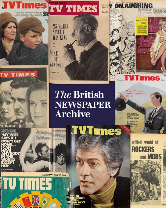 Colourful montage of TV Times front pages and articles, showing the likes of Dick van Dyke, the Duke of Windsor, Prince Charles, Elizabeth Taylor, Richard Burton, Dusty Springfield and the cast of The Avengers. In the centre is the British Newspaper Archive logo. 