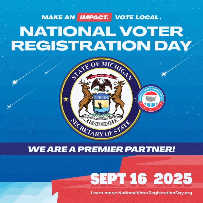 Official Secretary of State seal and the National Voter Registration Day logo

Text: Make an impact. Vote local. National Voter Registration Day. September 15, 2025. Learn more at NationalVoterRegistrationDay.org.