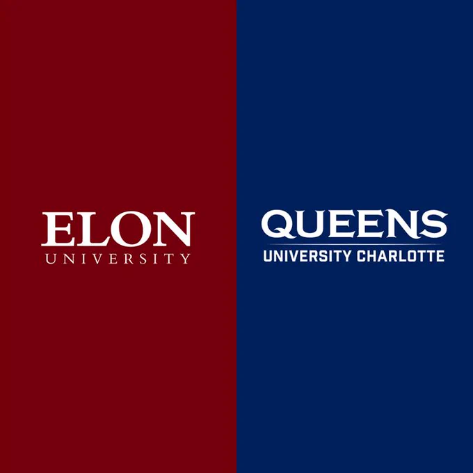 Split image with Elon University logo on a maroon background on the left and Queens University Charlotte logo on a royal blue background on the right.