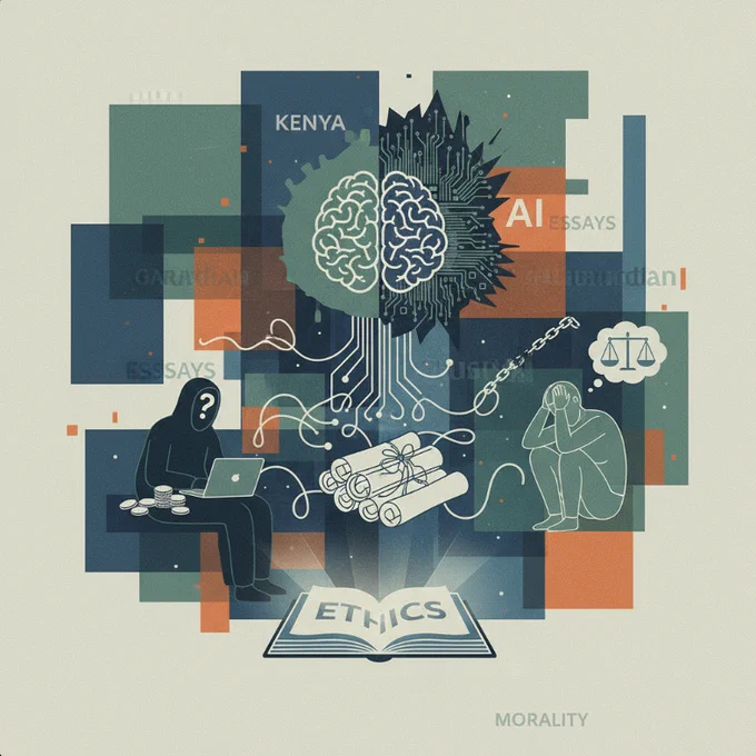  Stylized collage showing a half-organic, half-circuit brain wired to diploma scrolls emerging from an open book labeled “ETHICS.” On the left, a hooded figure types on a laptop beside stacks of coins; on the right, a crouched student buries their face in their hands with a justice-scale thought bubble overhead. Background blocks contain words like “AI,” “ESSAYS,” and “KENYA,” evoking tension among artificial intelligence, academic ghost-writing, and moral responsibility.