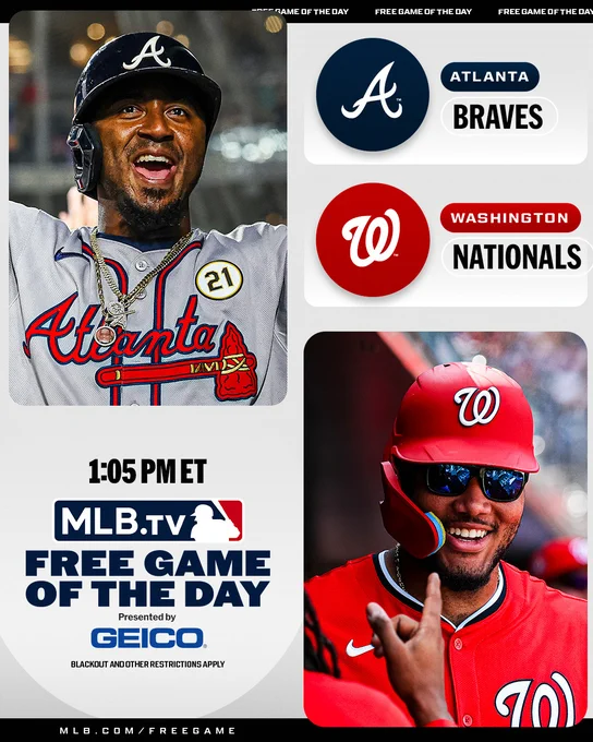 MLB.TV Free Game of the Day
Presented by GEICO
Atlanta Braves vs. Washington Nationals
1:05 PM ET
Pictured: Top left, Ozzie Albies smiles. He wears a gray Braves jersey and a navy helmet. Bottom right, James Wood smiles in the dugout. He wears a red Nationals jersey and a red helmet.