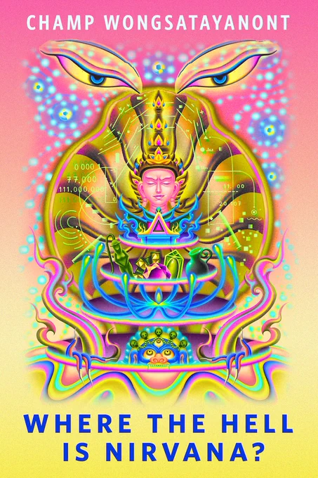A rainbow, pyschedelic-style image of a Buddhist deba smirking above a group of symbols and the top of a temple. Eyes peer above him while a demon emerges from below. 