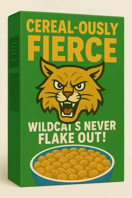 A vintage-style cereal box, predominantly green, features a fierce-looking wildcat mascot in the center. The wildcat is yellow with brown stripes and has an open mouth showing fangs and an aggressive expression. Above the wildcat, in large yellow letters, is the text "CEREAL-OUSLY FIERCE." Below the wildcat, in white letters, reads "WILDCATS NEVER FLAKE OUT!" 