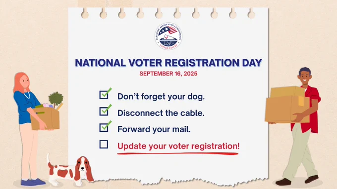 A brown box texture fills the background with a white piece of paper hanging on it. Top center in the paper in blue and red text reads "National Voter Registration Day, September 16, 2025". Below are checklist items reading "Don't forget the dog. Disconnect the cable, Forward your mail." In red text