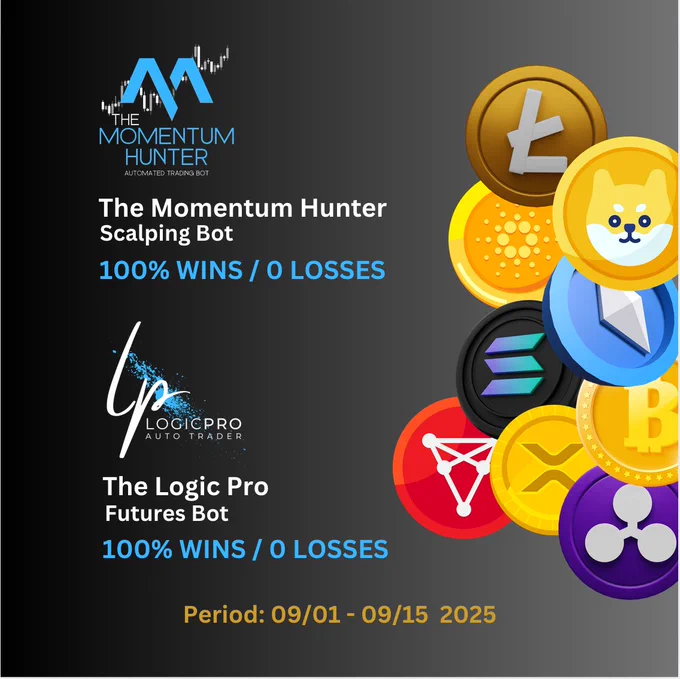 🚀 Back-to-Back Wins!
Our bots crushed the market this cycle:

✅ The Momentum Hunter Scalping Bot → 100% Wins / 0 Losses
✅ The Logic Pro Futures Bot → 100% Wins / 0 Losses

📅 Period: Sept 1 – Sept 15, 2025
⚡ Consistency. Precision. Profit.

👉 Trade smarter with AutomatedTrading.io