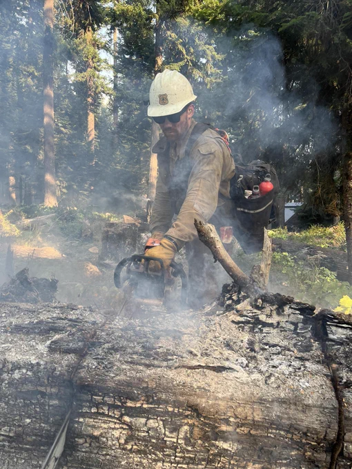 Firefighter in protective gear uses a chainsaw on a smoldering piece of wood. A firefighter uses a chainsaw on the Wildcat Fire in central Washington.
