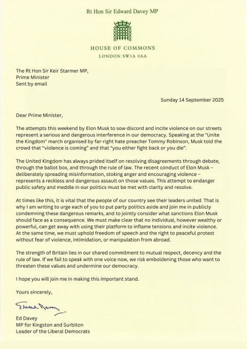 Letter from Ed Davey to Keir Starmer condemning Elon Musk for inciting violence and urging unity to defend democracy.