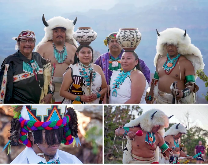 a collage of 3 photos. The top photo shows 6 Zuni people wearing ceremonial clothes and posing for a group photo. The two women are balancing two large pots on their heads. Two men are dressed in furry white buffalo headdresses with horns. Two men are wearing shirts with wide beaded stripes and turquoise necklaces.  