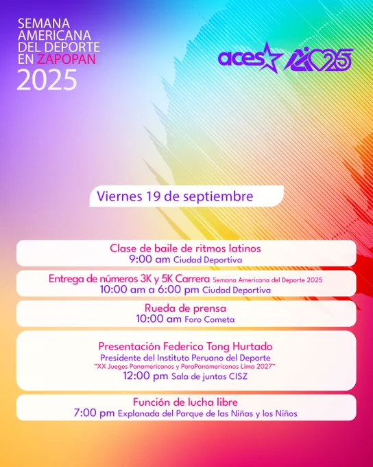 Cartel del evento "Semana Americana del Deporte en Zapopan 2025" con fechas y horarios de actividades deportivas y presentaciones del 19 de septiembre.