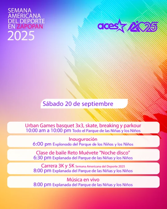 Cartel colorido de la Semana Americana del Deporte en Zapopan 2025, con actividades del 20 de septiembre, incluyendo juegos urbanos, baile, carrera y música en vivo.