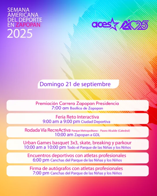 Programa del 21 de septiembre para la Semana Americana del Deporte en Zapopan 2025, destacando eventos deportivos y recreativos.