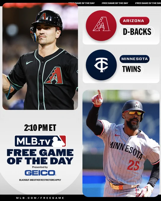 MLB.TV Free Game of the Day
Presented by GEICO
Arizona Diamondbacks vs. Minnesota Twins
2:10 PM ET
Pictured: Top left, Corbin Carroll stands on the field. He wears a black Diamondbacks jersey and a black helmet. Bottom right, Byron Buxton points upward as he runs the bases. He wears a gray pinstriped Twins jersey and a navy helmet.