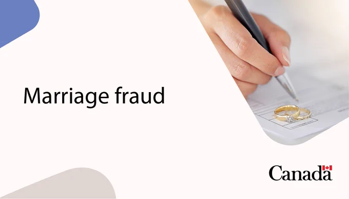 A person signs a marriage certificate with wedding rings in top corner, and the text: Marriage fraud