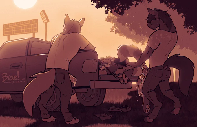 NSFW Furry artwork by Braeburned. A bottomless male raccoon-ram is bent over the edge of a pickup's truck bed, as a hunky horse dad pokes his tip at his cum-soaked hole. A big canine dad, messy from leaving the first load, keeps an eye out so no one catches them fuckin' at the back of the parking lot. 