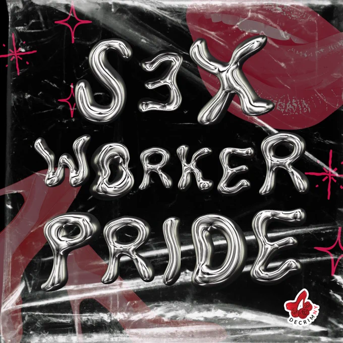 Black background with a graphic of heels, sparkles and a mouth covered in plastic. In the foreground is silver metallic bubble text that says, “S3X WORKER PRIDE.” Decrim NY logo bottom right corner.