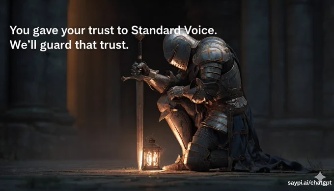 A medieval knight kneels on one knee, sword planted in the ground, standing watch over a small glowing lantern. The warm light contrasts with the knight’s cold steel armor. Text overlay reads: “You gave your trust to Standard Voice. We’ll guard that trust.” In the corner is the link saypi.ai/chatgpt.