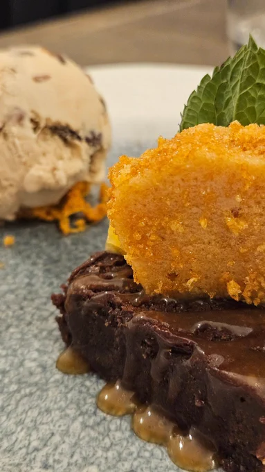 A. Dark chocolate and orange torte with honeycomb,  oh and rum and raisin ice cream was a delight. From the potted lobster, Abersoch.