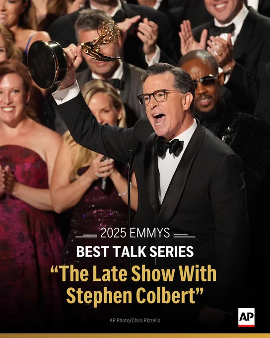 Stephen Colbert accepts the award for best talk series at the Emmys. Text: 2025 Emmys: Best talk series, "The Late Show With Stephen Colbert," AP Photo/Chris Pizzello