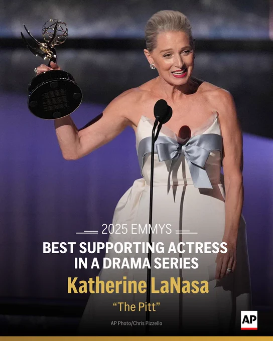 Katherine LaNasa accepts the Emmy for best supporting actress in a drama series. Text: 2025 Emmys, best supporting actress in a drama series, Katherina LaNasa, "The Pitt," AP Photo/Chris Pizzello