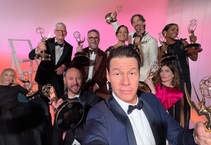 Tim and the cast and crew of The Studio, shot on iPhone 17 Pro with Center Stage front camera.