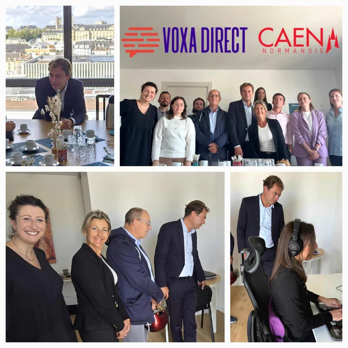 L'équipe de Voxa Direct en présence du maire de Caen et son adjoint.