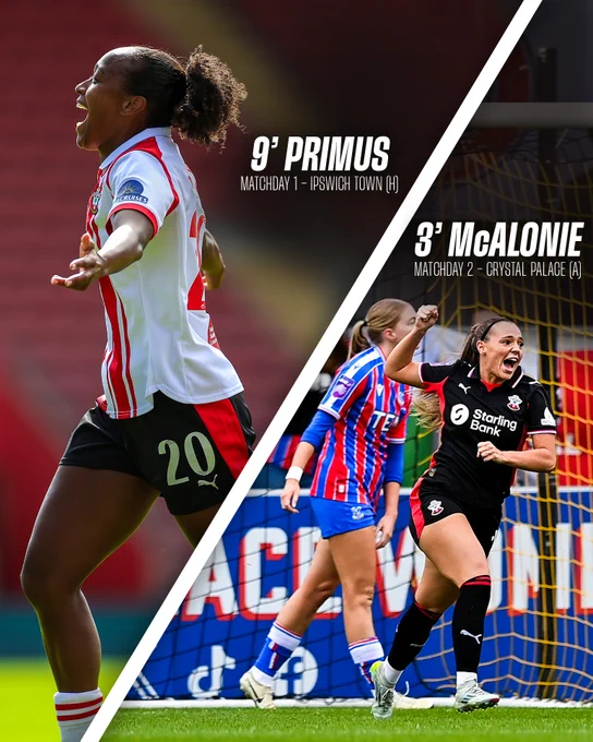A collage image separated by a white line of Atlanta Primus celebrating scoring against Ipswich Town and Michaela McAlonie celebrating against Crystal Palace. Text on the image shows the minutes of each goal. 9' Primus, Matchday 1, Ipswich Town (h). 3' McAlonie, Matchday 2, Crystal Palace (a)