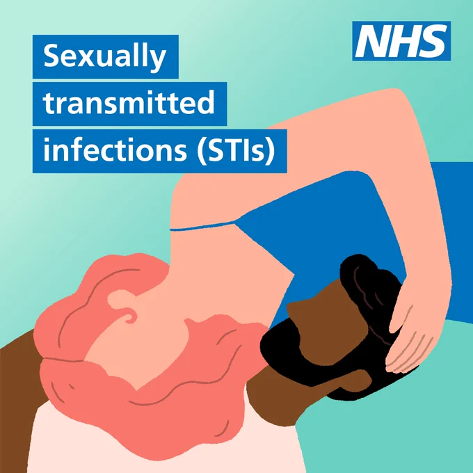 Illustration of a couple lying close together. Text reads: Sexually transmitted infections (STIs). NHS logo is in the top right corner.