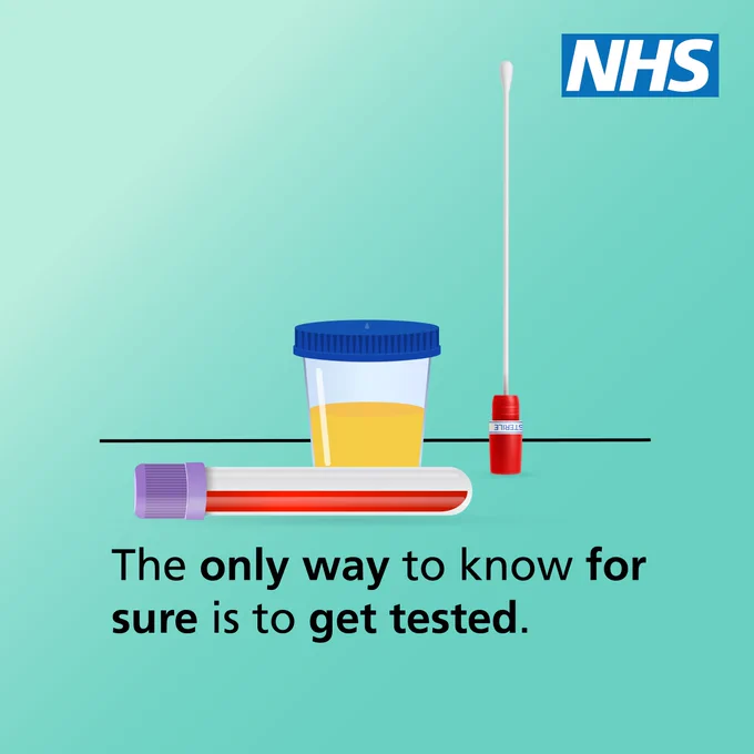 Illustration of a urine sample container, a vial of blood, and a swab. Text reads: The only way to know for sure is to get tested. NHS logo is in the top right corner.