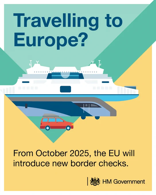 Graphic with text that reads: Travelling to Europe? From October 2025, the EU will introduce new border checks. 