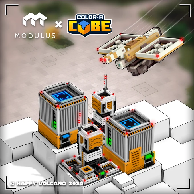 A digital rendering of a block-style futuristic construction and flying vehicle, featuring cubic structures and a pixelated design theme.

Transcribed Text:

MODULUS × COLOR-A-CUBE © HAPPY VOLCANO 2025