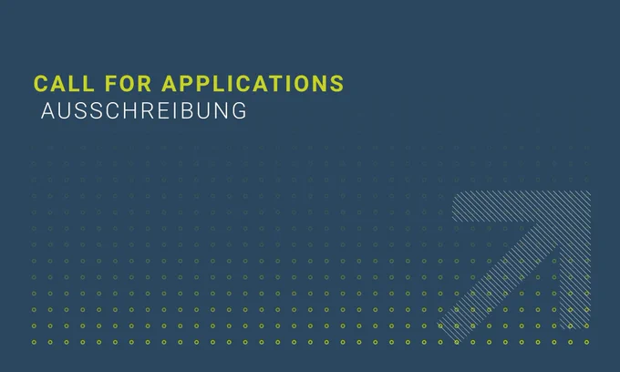 Graphic with a blue background and light green dots. The text 'call for applications' appears in green, and 'Ausschreibung' in white. A white arrow on the right points diagonally upward.