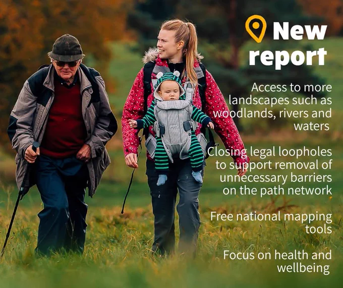 Two people of different ages walking outdoors in a grassy area, with one adult carrying a baby in a carrier. Text overlay reads "New report" in bold. Underneath, text overlay reads "access to more landscapes such as woodlands, rivers and waters, closing legal loopholes to support removal of unnecessary barriers on the path network, free national mapping tools, focus on health and wellbeing"