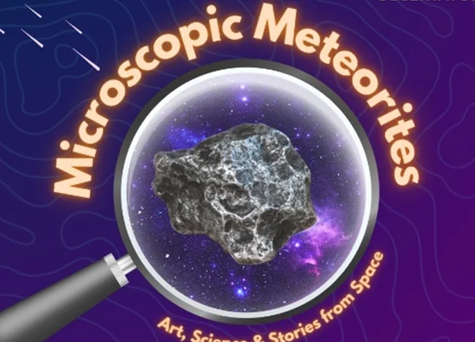 Promotional image for a public outreach initiative called 'Microscopic meteorites', featuring a meteorite being examined under a magnifying glass.