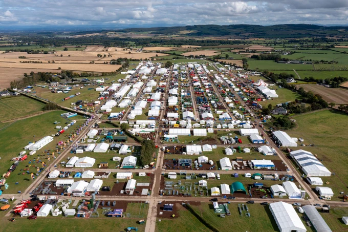 A drone image of the National Ploughing Championships showing numerous marquees.