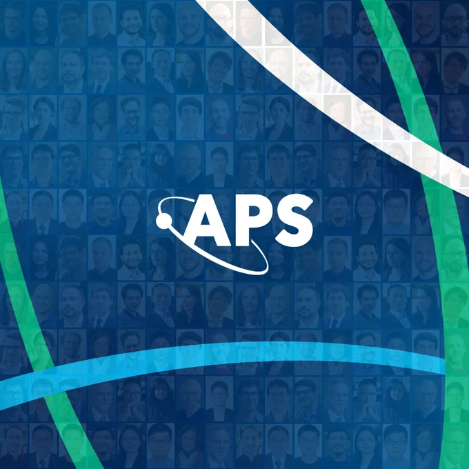 APS logo centered on a blue background with curved green, white, and light blue lines. The background is a collage of portraits of Reviewer Excellence Award winners.